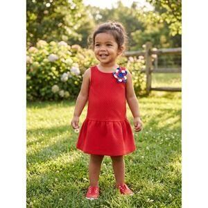 Janie and Jack Red Quilted Drop Waist Floral Applique Dress Girls 2T Patriotic